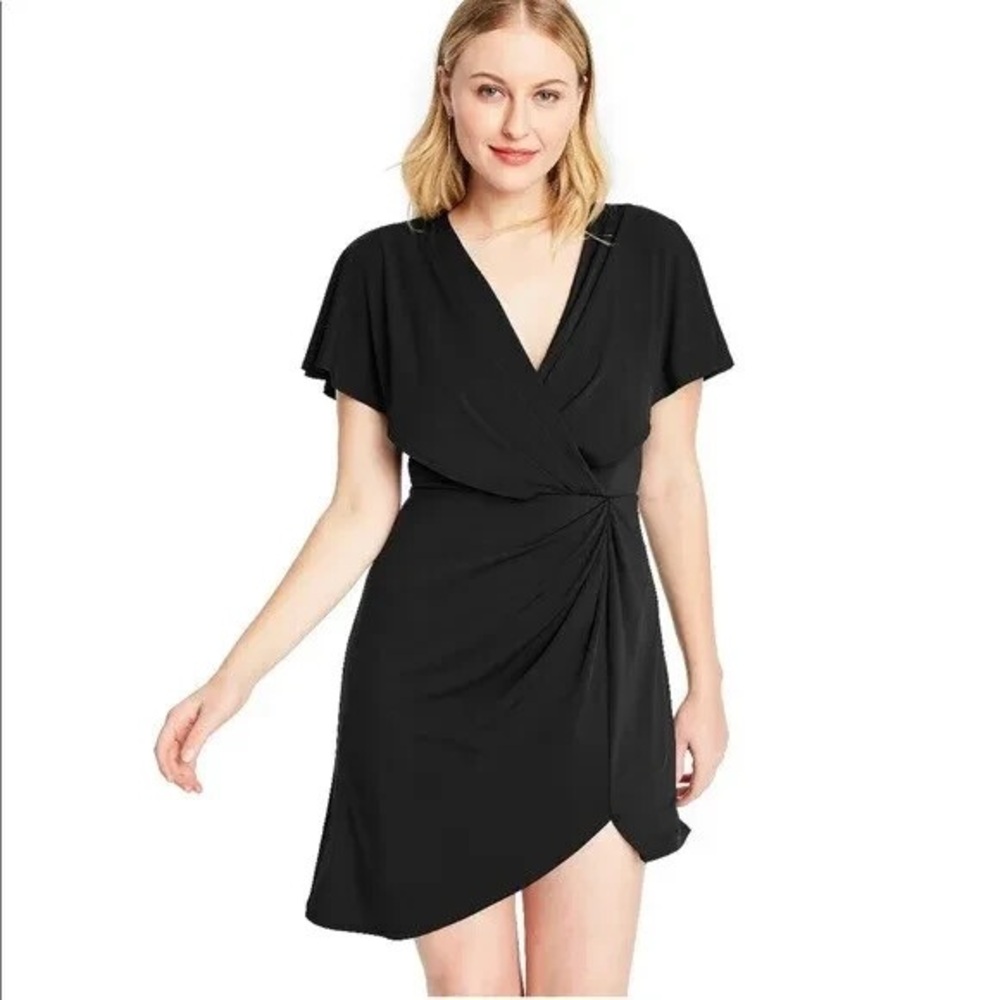Cushnie black wrap mini dress with draped dolman sleeves